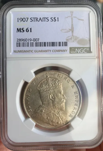 Straits Settlements Silver Dollar 1907 - NGC MS 61