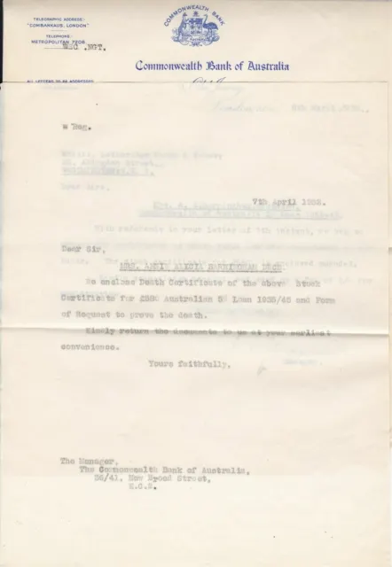 Commonwealth Bank of Australia, London 1932 Decd Stocks Letter & Reply Ref 46266