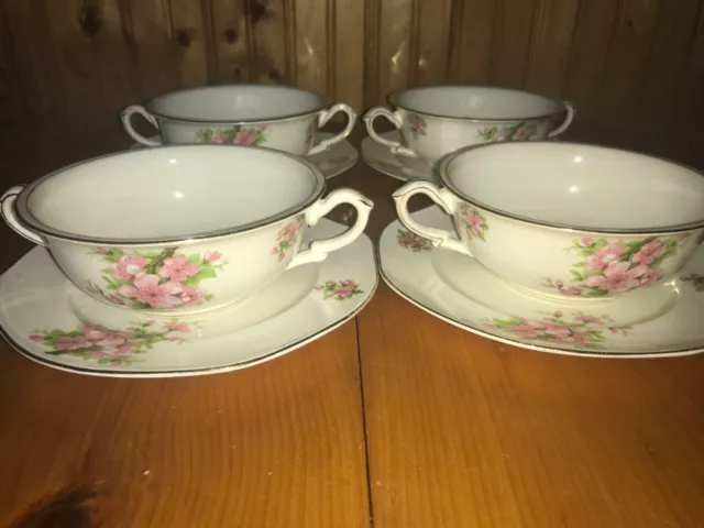 James Kent Apple Blossom 4 sets cream soup cups & underplates 2