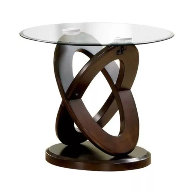Cross Oval Base End Table With Round Glass Top Brown And Clear- Saltoro Sherpi