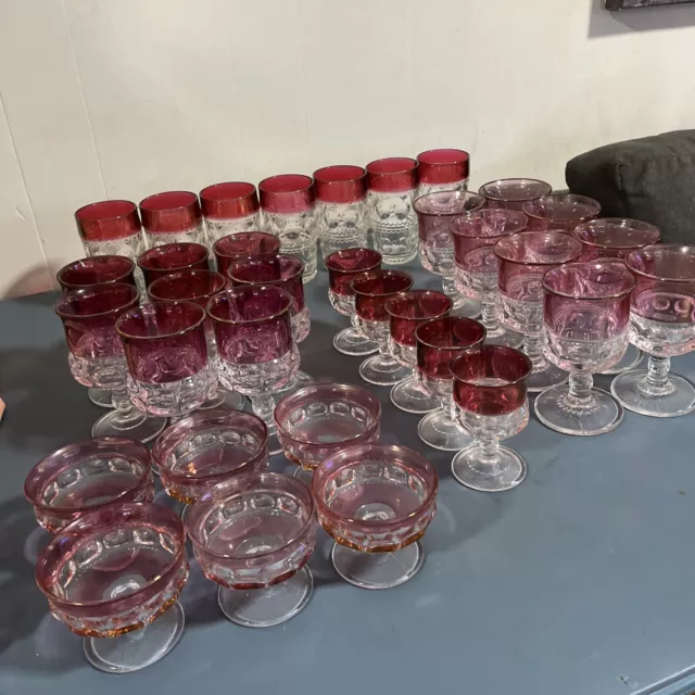 VTG 34 Pcs Tiffin Franciscan Kings Crown Ruby Flashed Glasses Set Thumbprint Lot