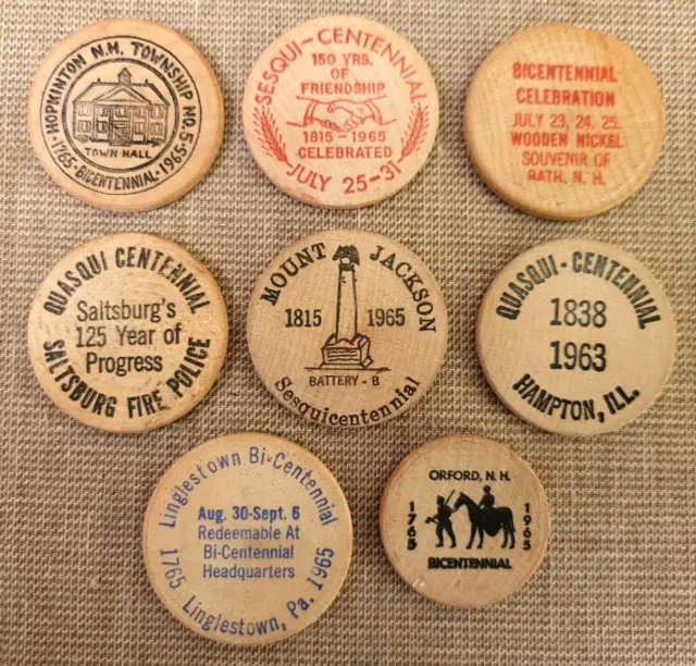 Lot of 8 1960's Vintage USA Town Bicentennial & Sesquicentennial Wooden Nickels