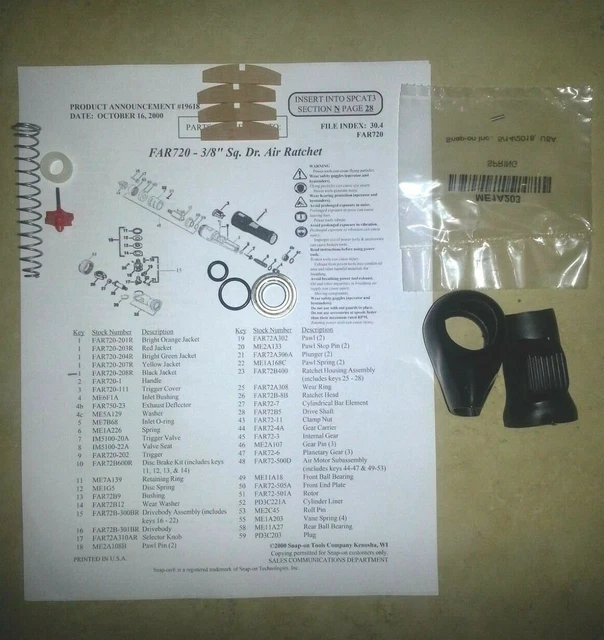 Snap On Far720 + Far750 Air Ratchet Vane Kit, Trigger Valve Kit, Button Cover 2