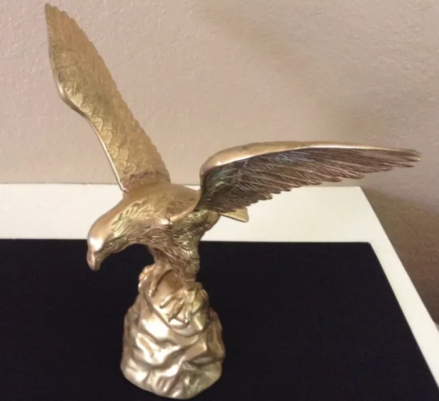 Vintage Large 13x12" Solid Brass Eagle Statue Figure Americana Bird on Rock~ VGC