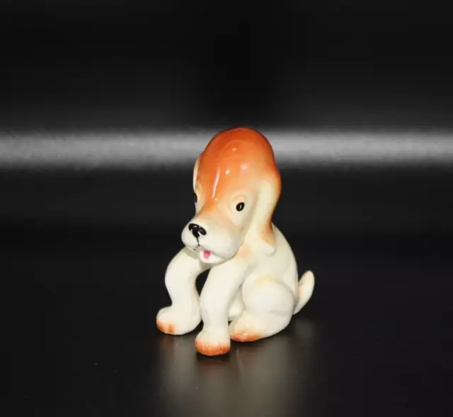 VTG Hound Dog Ceramic Figurine Japan Cream Brown Big Head Arched Legs Sitting