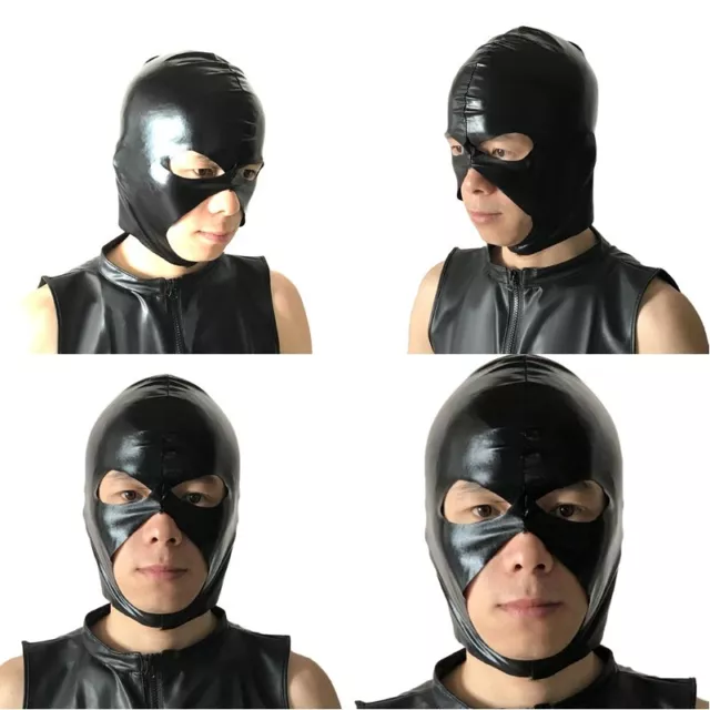 Men Elastic Shiny Faux Leather Hollow Out Cap Full Face Performance Cosplay Mask