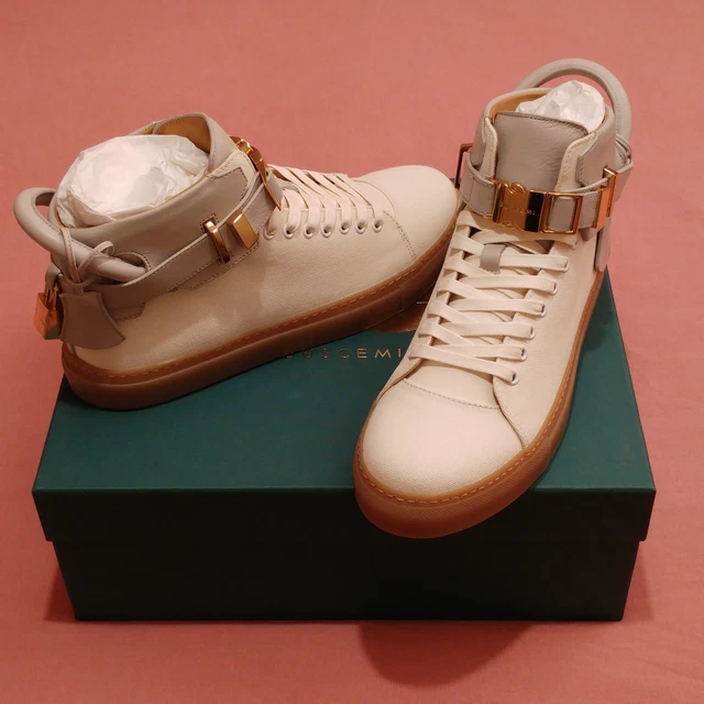 Buscemi 100Mm Buckle Off White / Grey High Top Canvas Leather Trainers 9 Uk