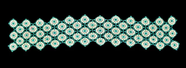 Vintage Hand Crochet Green & Yellow Floral w Cutwork Long Table Runner 9" x 43"