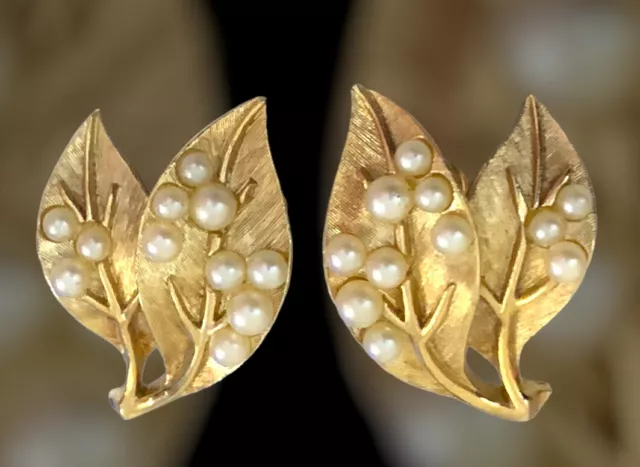 Trifari Vintage Faux Pearl Clip-On Earrings - Gold-Tone Metal Clip