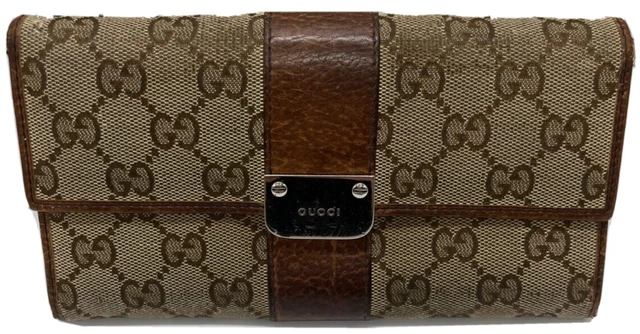 A027_Gucci Vintage long Wallet - brown canvus /From JAPAN/Fast shipping