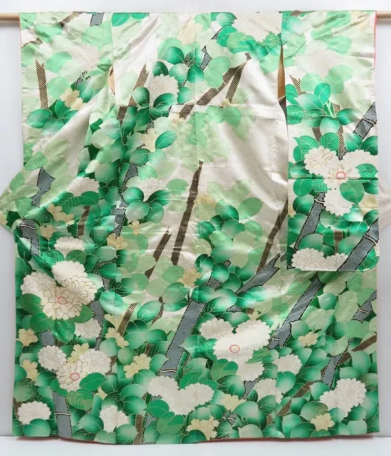 3725T09z1020 Vintage Japanese Kimono Silk FURISODE Flower Green