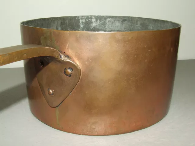 Antique 19th C. Signed Brass Copper Cooking Pot Saucepan with Hand Forged Handle