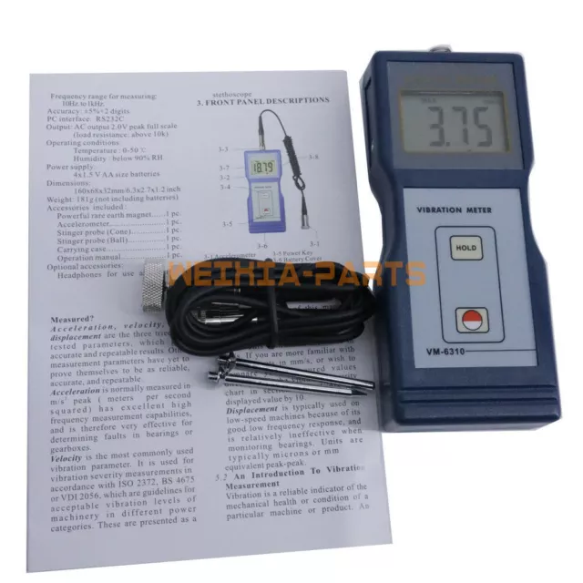 1 x misuratore di vibrazioni VM-6310 True RMS gamma vibrometro digitale 0,01~199,9 mm/s