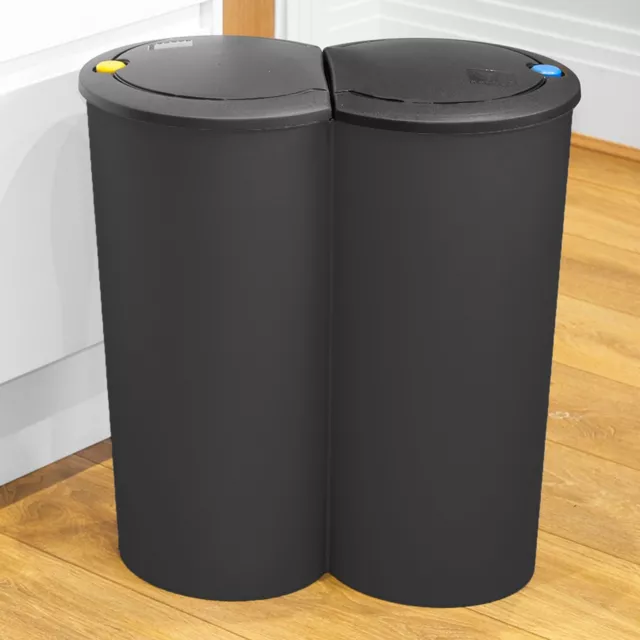 Duo Abfalleimer 50l schwarz - 2 x 25l - Müll Eimer Sammler Trenner mit Deckel