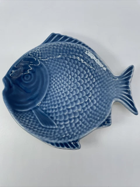 6 1/2” Faiobidos Portugal Portuguese Ceramic Blue Fish Dish Plate Hand Painted