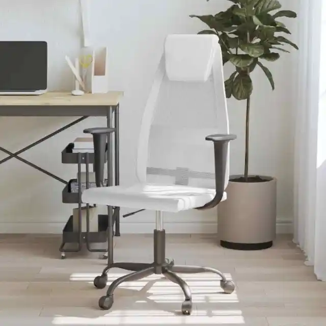 Office Chair Height Adjustable White Mesh Fabric and Faux Leather