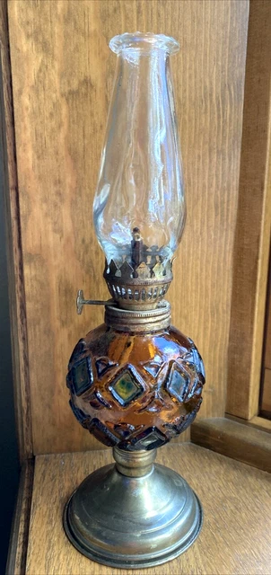 Vintage Small Miniature Oil Lamp 10" Amber Green Diamond Made In Hong Kong Glass