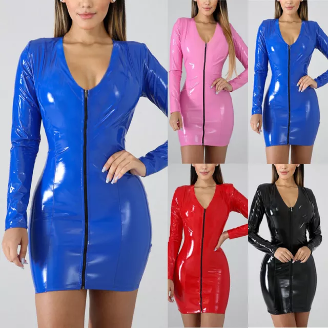 Womens Sexy Long Sleeve Bodycon Pu Leather Mini Dress Wetlook Night Clubwear Hot