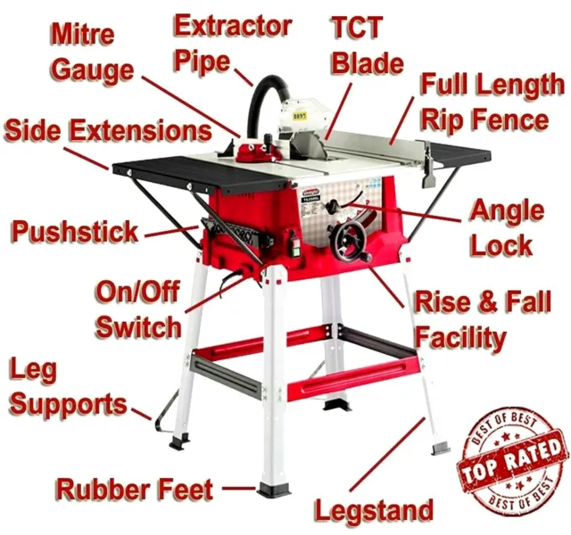 Lumberjack 10" 1800w 254mm Bench Table Saw with Legstand Extensions & Blade 230v 2