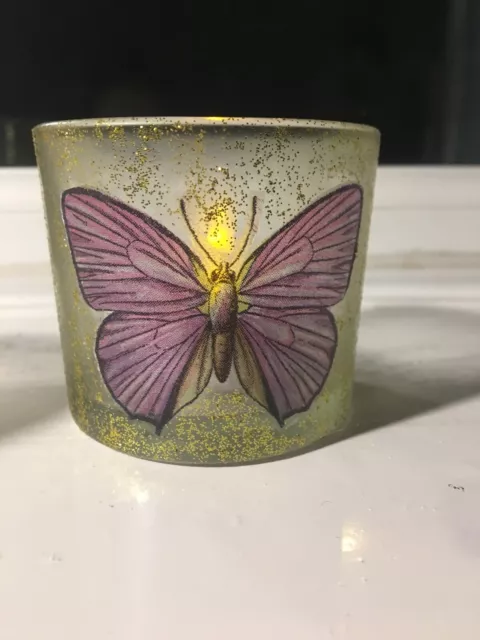 Porte-lumière à thé papillon verre fabriqué à la main et recyclé avec lampe de sarcelle DEL