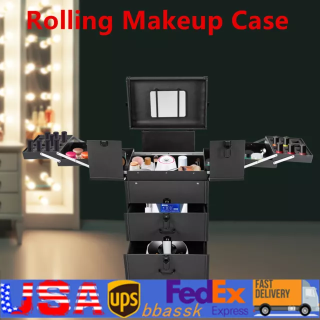 Pro Rolling Aluminum Makeup Train Case Salon Cosmetic Trolley Organizer Box