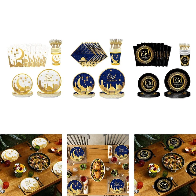 Eid Mubarak decoración de mesa con platos, servilletas, tazas, tenedores para el