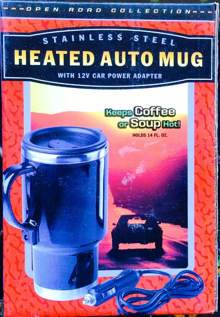 Heated 14 Oz AUTO Travel MUG!  STAINLESS STEEL INTERIOR + 12V POWER ADAPTOR L@@K