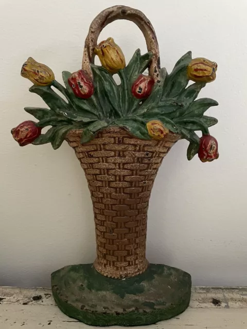 RARE Antique Hubley Cast Iron Basket of Tulips Doorstop