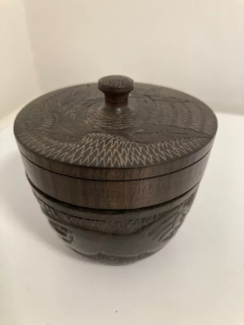 Vintage  Wooden Carved Trinket/Tobacco Pot With Lid .Lion/Leaves Design