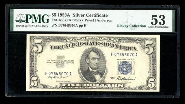 DBR 1953-A $5 Silver Fr. 1656 FA Block PMG 53 Serial F07646070A