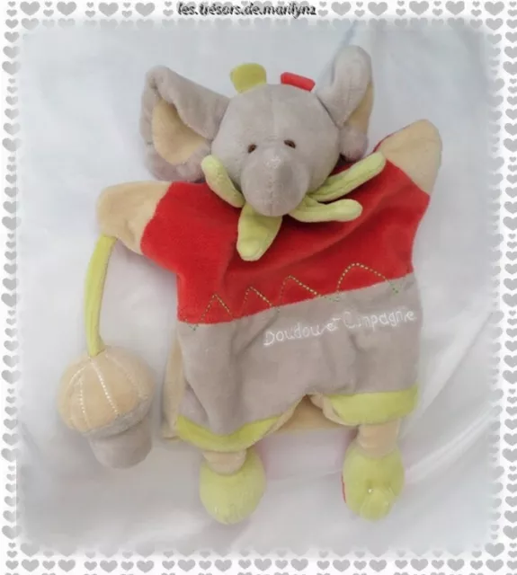 Doudou Peluche Marionnette Eléphant Gris Rouge Vert Grelot Doudou Et Compagnie