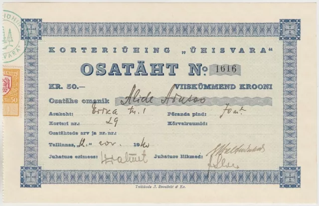 1940 ESTONIA Osatäht 50 KROONI Apartment Association "Ühisvara" Part of Property