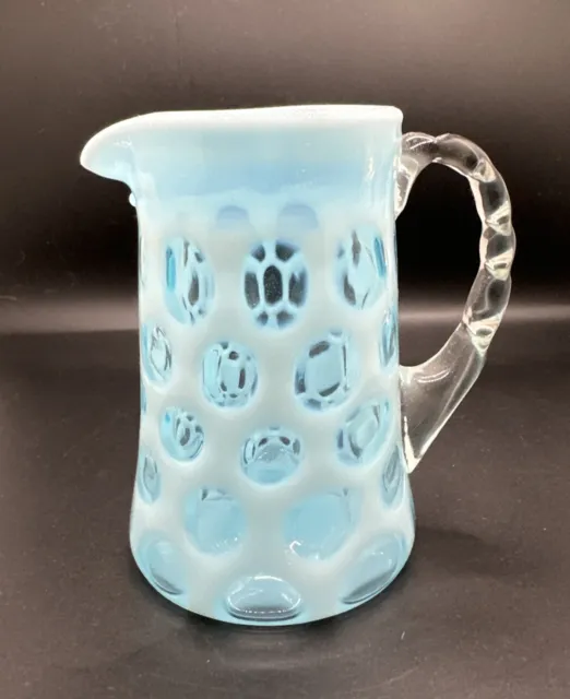 VINTAGE FENTON GLASS PITCHER BLUE OPALESCENT COIN SPOT DOT PRE LOGO 4in CREAMER