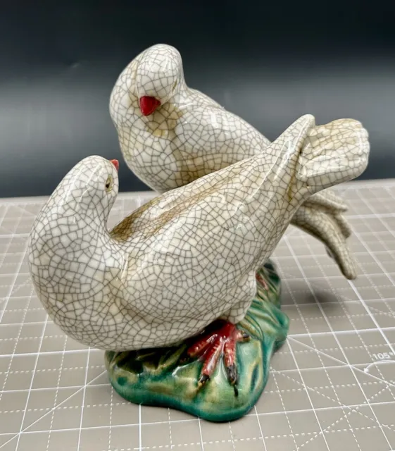 Mid Century Modern Chinese Crackle  Porcelain Doves Figure on Green Ground Base 2