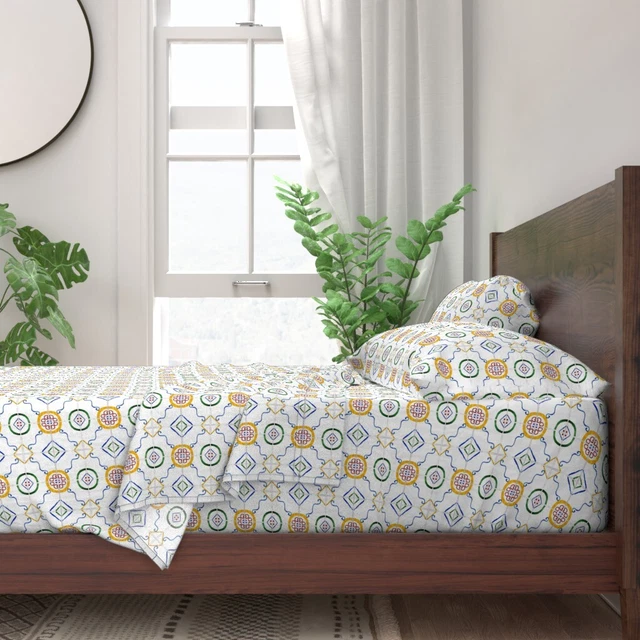 Majolica Watercolor Tiles Spanish 100% Cotton Sateen Sheet Set by Spoonflower