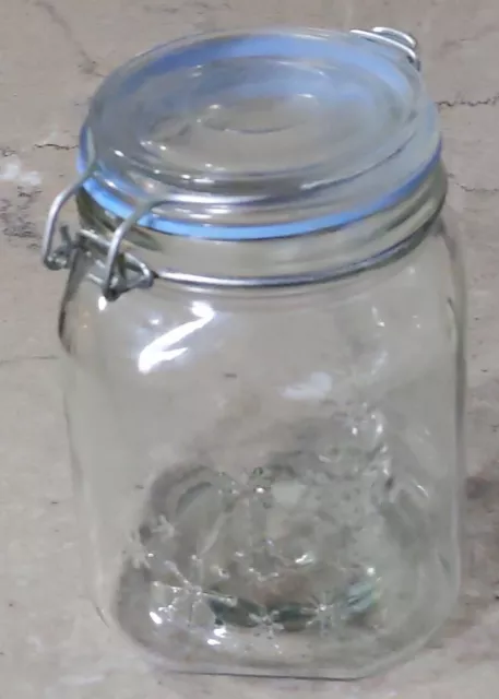 Used Collectible Anchor Hocking Wire Bail, Clear Glass Jar with Snowflakes, 1 L