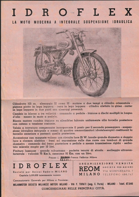 Idroflex 105 cc. Reom (Ducati) - Volantino (Flyer) d'Esordio circa 1950 Idroflex 105 cc. Reom (Ducati) - Volantino (Flyer) d'Esordio circa 1950