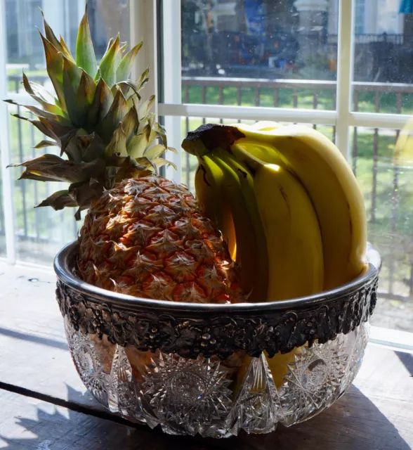 Big Sterling American Brilliant Cut Crystal Glass Fruit Bowl Antique Grape Vine
