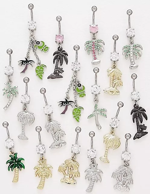 10 CZ Dangle Belly Button Rings Palm Tree Elegant 14g Wholesale Gem Fancy Navel