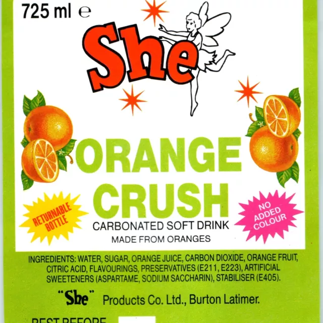 Vtg She Orange Crush Soft Drink 325ml Soda Bottle Paper Label Fairy Latimer C33