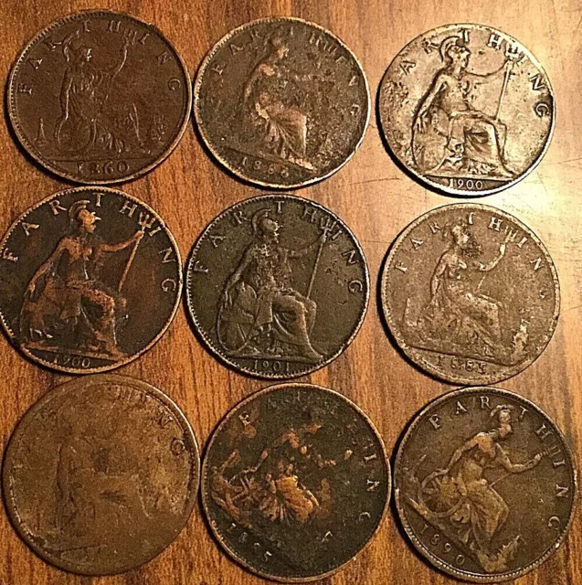 Lot Of 9 Uk Gb Great Britain Victoria Farthing Coins