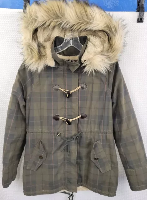 COFFEESHOP WOMANS BROWN Plaid Jacket Sherpa Lined Zip off Hood Size ...
