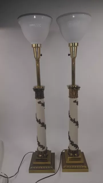 Vintage Hollywood Regency Stiffel Torchiere Laurel Brass Lamp Matching Pair 38"
