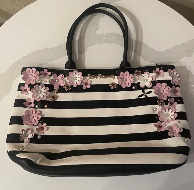 Betsey Johnson “LUV Betsey” stripe Floral Lady Bug And Bee Embossed Tote Bag