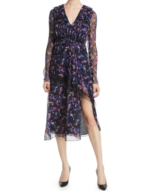 Jason Wu Dress Size 8 Silk V-Neck Long Sleeve Floral Crinkle Chiffon Lace Trim