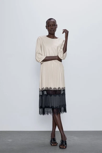 NWT ZARA CONTRASTING Faux Leather Pleated Midi Dress 4387/042 Xs $65.00 -  PicClick
