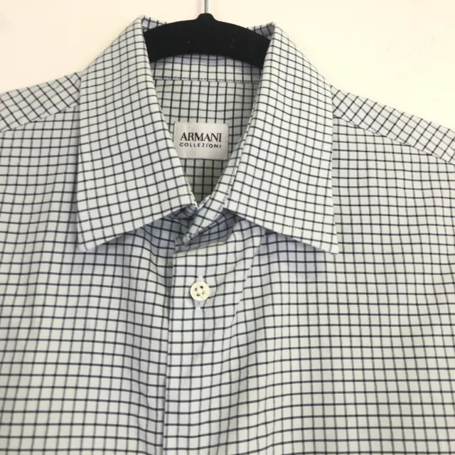 Armani Collezioni Button Front Shirt Mens 15 Blue Plaid Windowpane Check