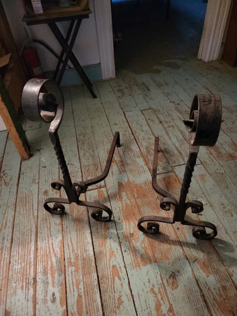 Antique Pair of Hand Wrought Iron Fireplace Andirons- Twisted, Fiddlehead (2')