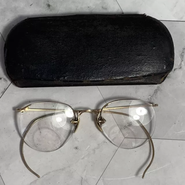 Antique Vintage 1920s Oval Eyeglasses Spectacles Gold Plated With Case
