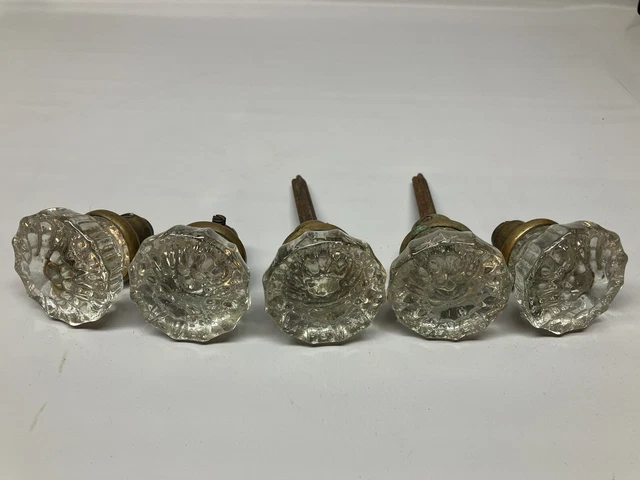Antique glass brass crystal door knobs - lot of 5 with some condition issues!